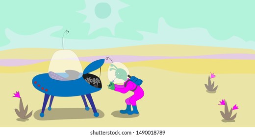 A green alien in an astronaut suit holds a screwdriver and tries to repair his vehicle flying saucer, UFO, in the middle of a desert.  Hand-drawn cartoon style with outline. Vector illustration.