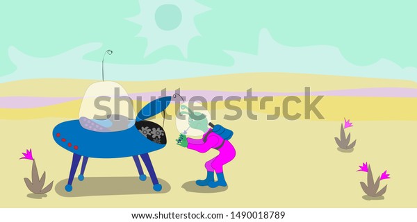 A green alien in an astronaut suit holds a\
screwdriver and tries to repair his vehicle flying saucer, UFO, in\
the middle of a desert.  Hand-drawn cartoon style with outline.\
Vector illustration.