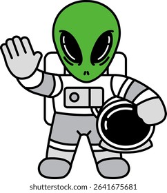 A green alien astronaut is waving 