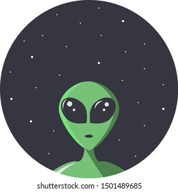 Green alien with big eyes looks at us through the round hole of space with stars. Extraterrestrial  in flat cartoon style for t-shirt, print or textile. Vector illustration with copy space.