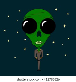 green alien with a big head on a starry sky background