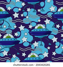Green alien in a blue spaceship seamless pattern, UFO and stars on a dark purple background vector illustration