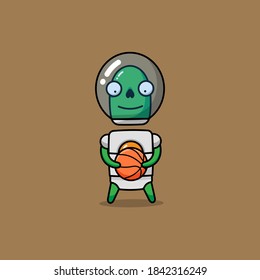 Green alien carrying basket ball