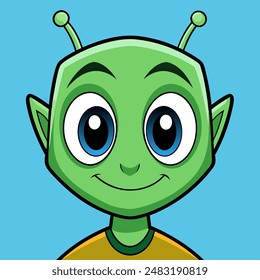 A green alien cartoon with big eyes and antennas is smiling