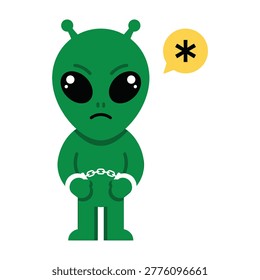 Green alien cartoon character with chains and speech bubble looking sad or worried on white background