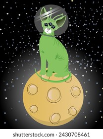 A green alien cat sits on the moon in outer space.