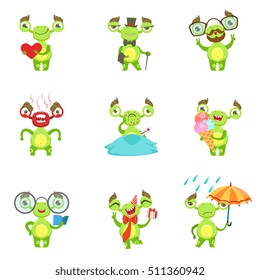 Green Alien Character Different Emotions And Situations Set