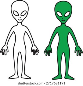  green alien Clean simple silhouette icon of a full body friendly alien standing upright with long arms and legs minimal outline smooth edges perfect vector style easy to trace
