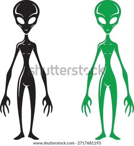  green alien Clean simple silhouette icon of a full body friendly alien standing upright with long arms and legs minimal outline smooth edges perfect vector style easy to trace