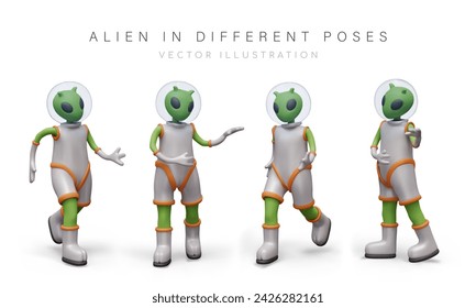 Green alien in different poses. Realistic colored figures on white background