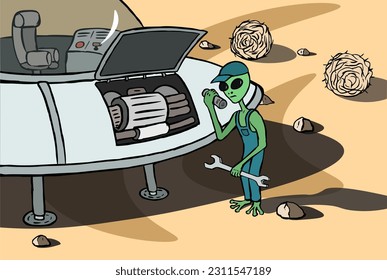 Green alien dressed in a cap and overalls stands near a flying saucer with a wrench in his hand and looks at the engine part in a puzzled way. The action takes place in a desert with a tumbleweed