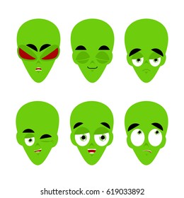 Green alien emoji. emotion set. Aggressive and good UFO face. Surprised and sleep. Space invader avatar collection
