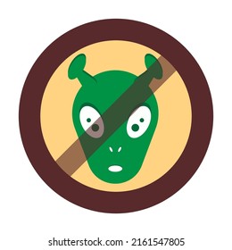 Green alien face head icon is crossed out in a circle with a border. Aliens are prohibited. Extraterrestrial humanoid head vector illustration. UFO day Flat stylish isolated on white background.