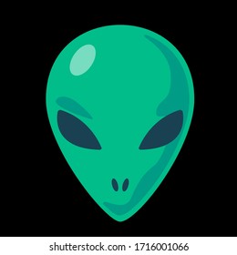 Green alien face icon. Extraterrestrial humanoid front head logo vector illustration. Ufo symbol sticker. Paranormal T-shirt print design. Flat character isolated on black background.Fun clip art.