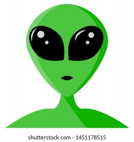 Green alien face with large black eyes. Martian portrait isolated in white background Extraterrestrial Extraterrestrial humanoid head. Vector illustration for 51 area.