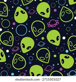 Cara alienígena verde con planetas y estrellas estilo de dibujos animados dibujado a mano sin fisuras patrón de fondo de Vector.