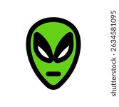 Green alien faces forward against a white minimalist background