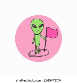 Green alien with a flag on a pink background.