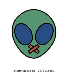 A green alien is gagged with tape