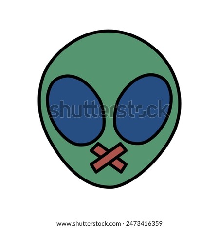 A green alien is gagged with tape