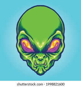 Green Alien Head Angry Mascot  Vector illustrations for your work Logo, mascot merchandise t-shirt, stickers and Label designs, poster, greeting cards advertising business company or brands.