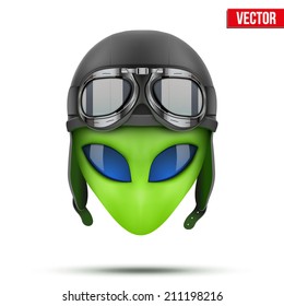 Green Alien head in aviator helmet. Vector illustration isolated on white background.