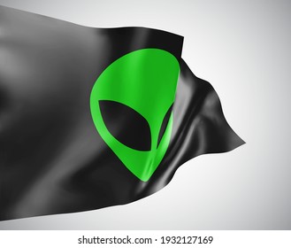 green alien head on black 3d flag isolated on white background