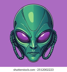 Green alien head with purple eyes