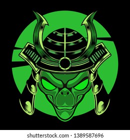 Green Alien Head Samurai Illustration