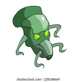 Green Alien Head with shiny eyes Isolated on a White Background. 