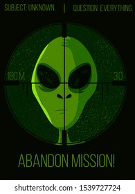 Green alien head under a hunter's sniper poster. Banner of an outer space sci-fi creature being targeted. UFO strange concept vector.