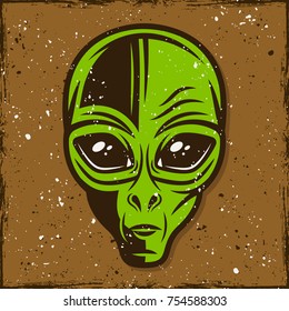 Green alien head vector colored illustration, shirt print in vintage style on background with grunge textures