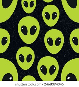 Green alien heads seamless pattern with universe stars background