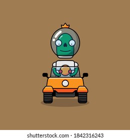 Green alien with his vehicle