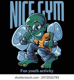 Green Alien Hit the Gym Youth Activity Series Illustration