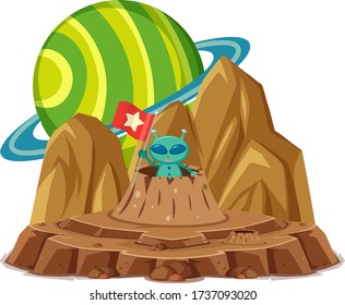 Green alien holding flag on the planet space on white background illustration