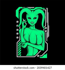 a green alien holding weed joint