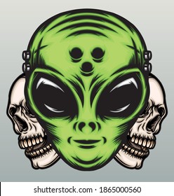 Green alien with human skull. Premium vector