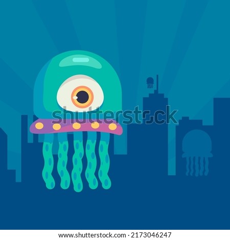 Green Alien Invade the City at Night Flat Design Alien Invasion Illustration