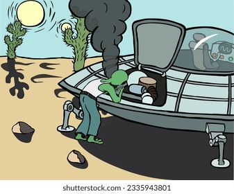 An green alien in jeans and a T-shirt trying to fix the engine of flying saucer. The action takes place in an alien desert with cacti, with two suns in the sky. Black and white vector illustration.