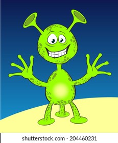 Green alien. Jolly extraterrestrial with three legs and big ears.