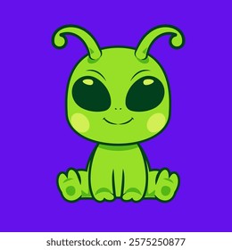  A green alien with large shiny black eyes and cute antennae sitting happily on a vibrant purple background.