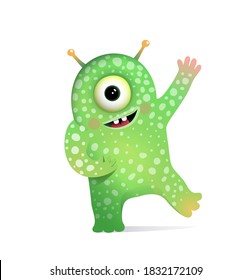 Green Alien Monster with Antennas Greeting for Kids. Cute fictional creature character design for children. Vector cartoon.