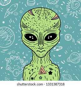 Green alien on a blue background with space doodles. - Vector illustration