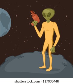 Green alien on moon