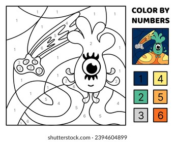 Green alien on orange planet. Color by number. Space. Coloring page. Game for kids. Cartoon, vector. Isolated vector illustration eps 10