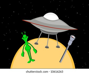 Green alien parking spaceship next to street meter