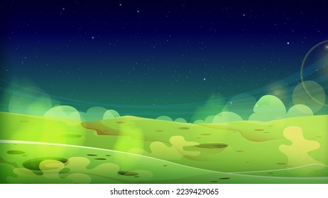 Green alien planet surface with craters and toxic smoke. Cartoon vector illustration of uninhabited ground with dangerous poisonous gas or vapor under night starry sky. Space adventure game background