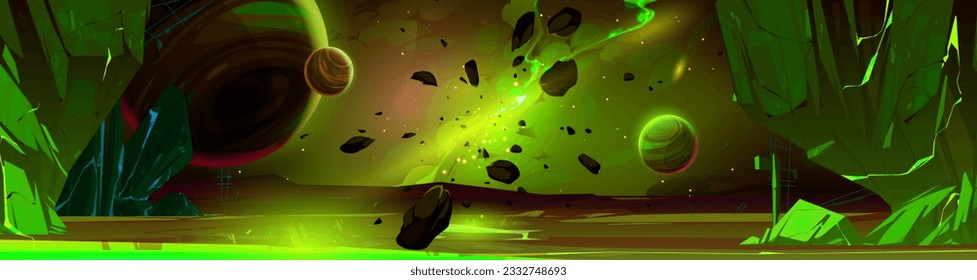 Green alien planet surface with toxic neon substance in cracks, stones scattered after explosion or collision with meteorite. Vector cartoon illustration of space apocalypse. Adventure game background