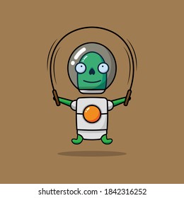 Green alien playing rope skipping